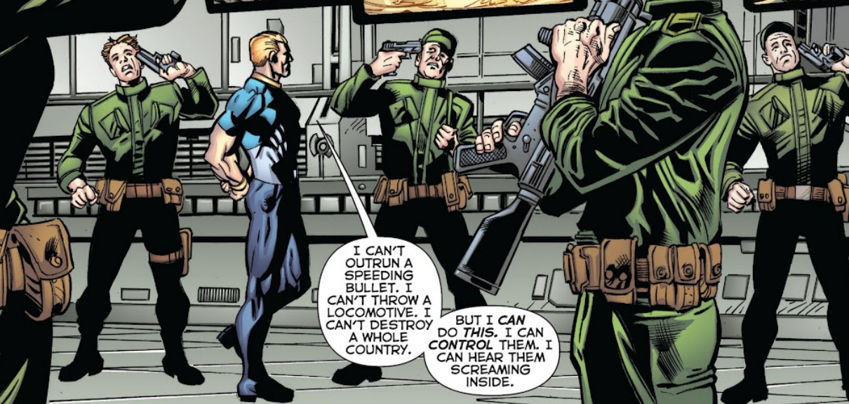 Joey mind-controls soldiers into aiming guns at their own heads as he monologues evilly