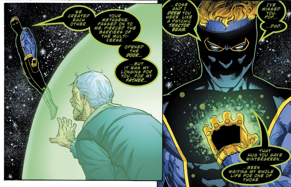Joey (who is blue now) tells his father that he is what Slade made him to be
